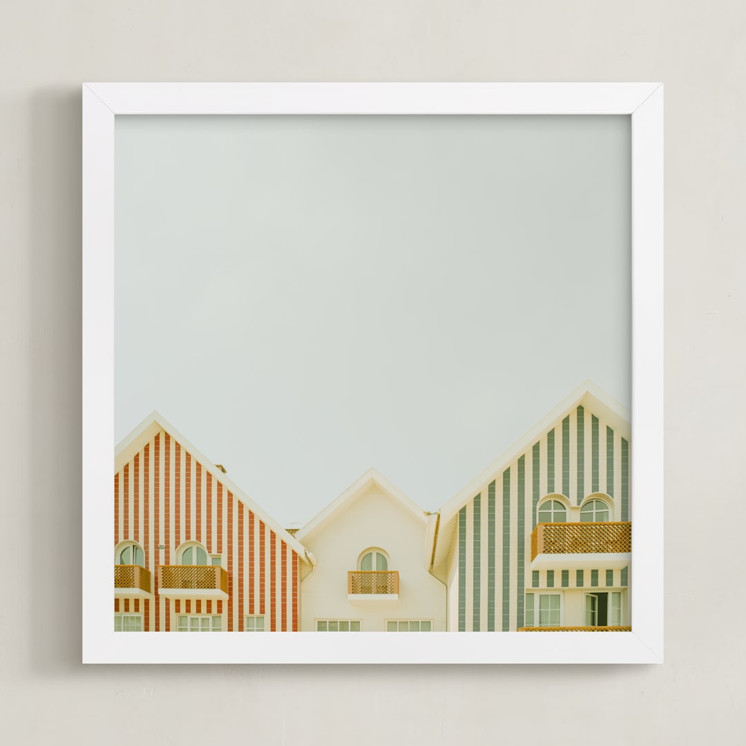 "Striped houses" - Art Print in Gray Blue by Lena Erysheva - Framed
