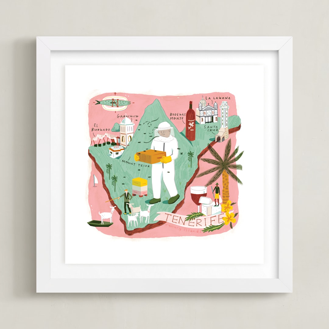 "Tenerife Map" - Art Print in Tenerife Pink by Lindsey Balbierz - Framed