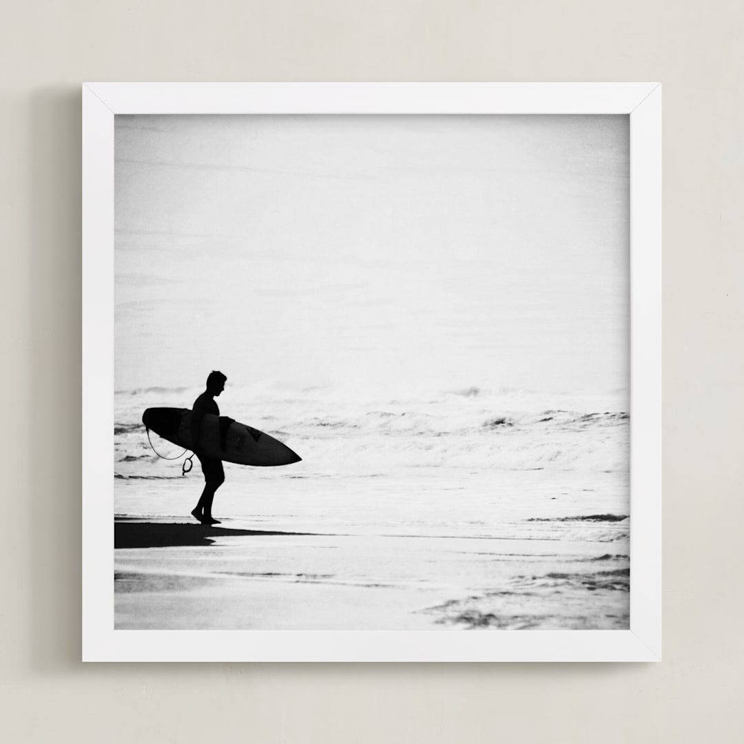 "Just one more wave" - Art Print in grey beach mist by Dawn Smith - Framed