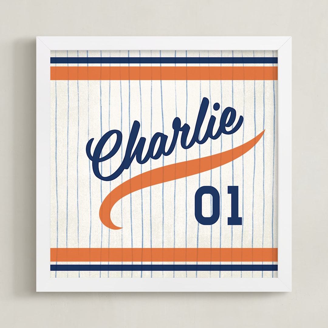 "Vintage Jersey - Orange/Navy" - Personalized Art Print in Orange/Navy by Jessie Steury - Framed