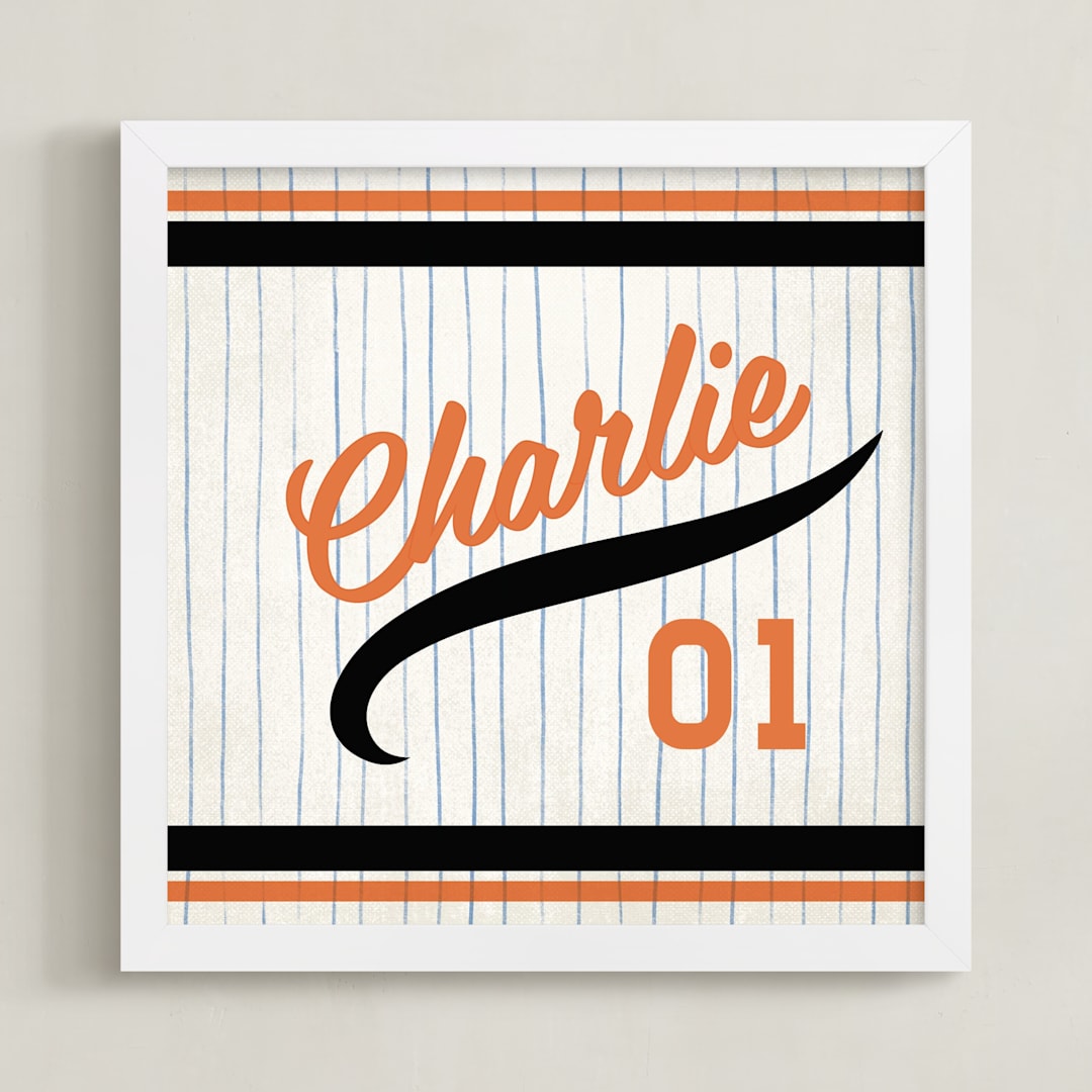 "Vintage Jersey - Orange/Black" - Personalized Art Print in Orange/Black by Jessie Steury - Framed