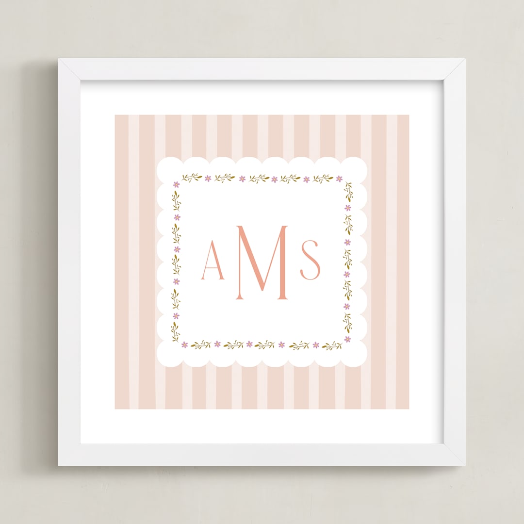 "Meadow Stripes Monogram" - Personalized Art Print in Blush by Ana Sharpe - Framed