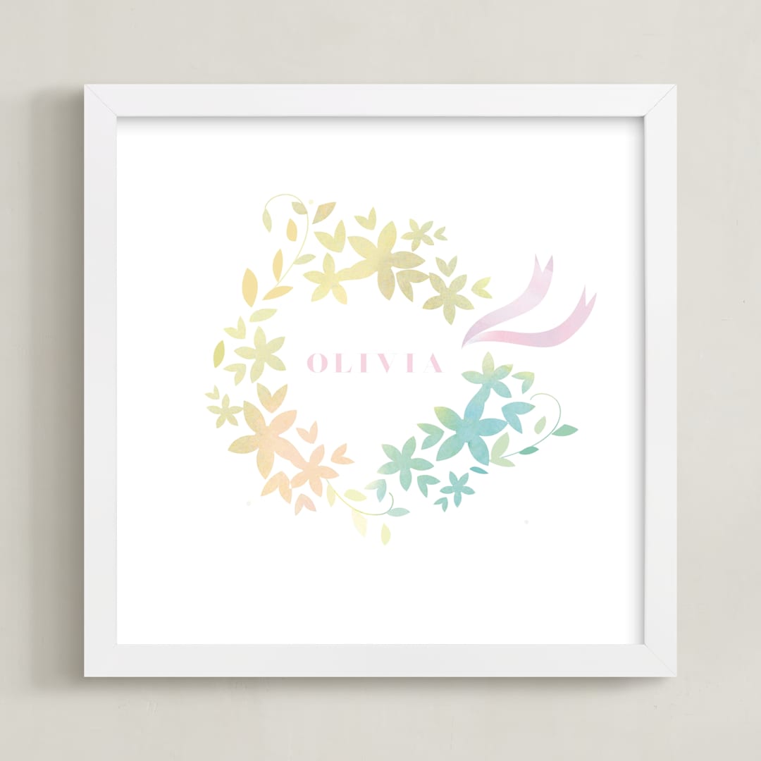 "Floral Crown" - Personalized Art Print in Blush by Lori Wemple - Framed