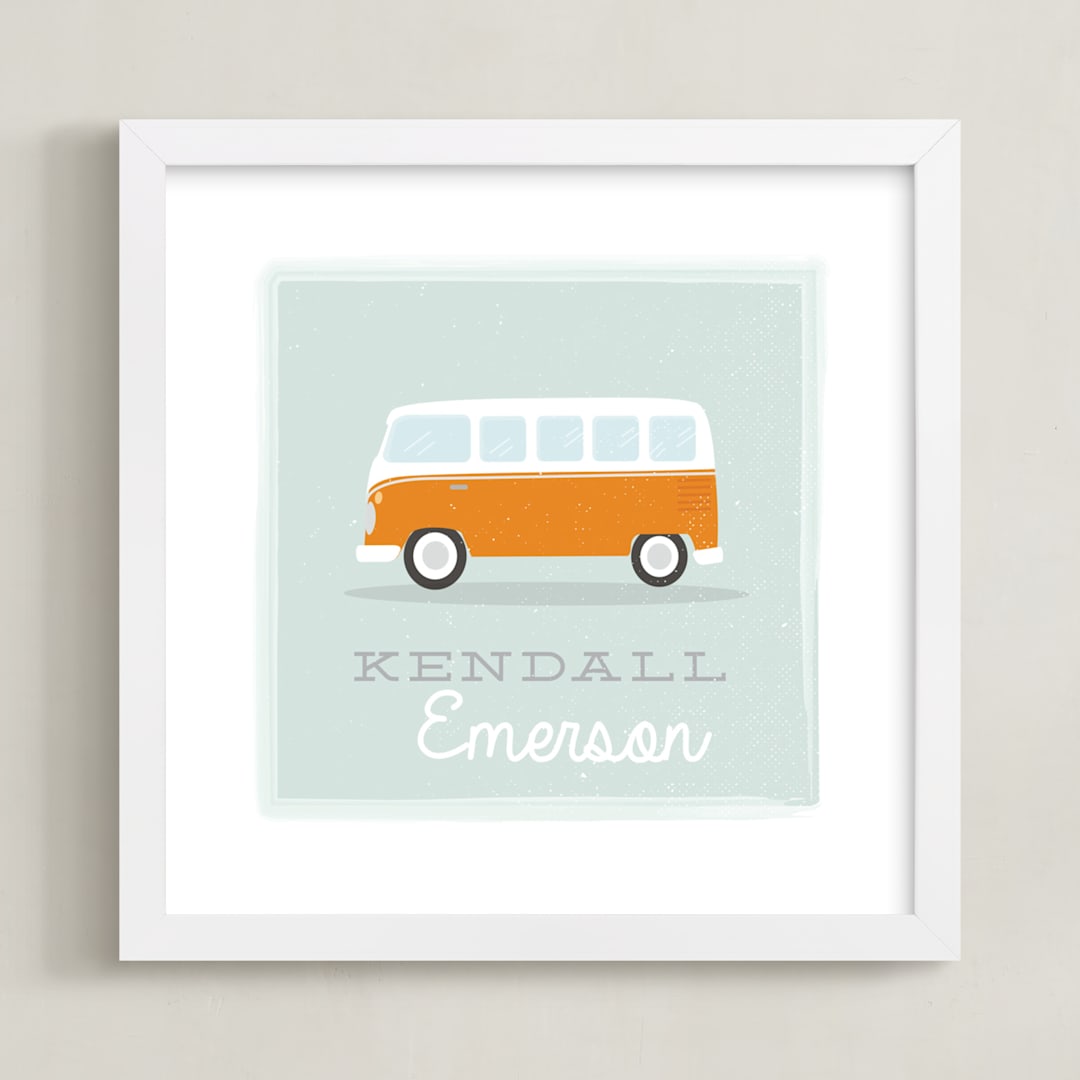 "Little Bus" - Personalized Art Print in Tangerine by Itsy Belle Studio - Framed
