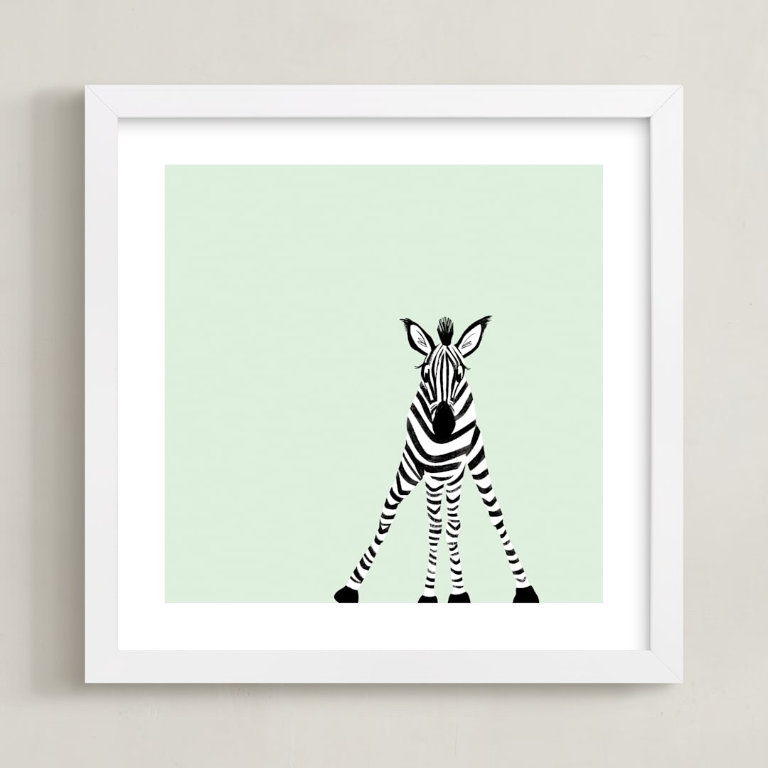 "Little Baby Zebra" - Art Print in Mint Green by Laura Mitchell - Framed