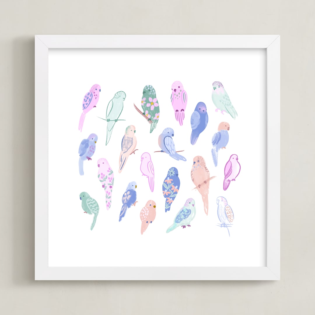 "Budgie Flock" - Art Print in Sherbet by Tishya Oedit - Framed