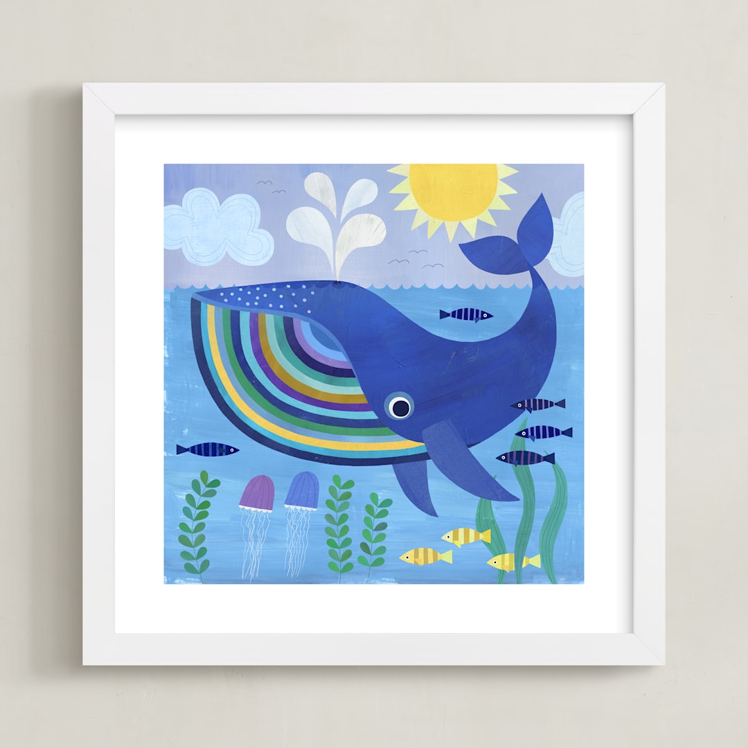 "Little Blue Whale" - Art Print in Medium Blue by melanie mikecz - Framed