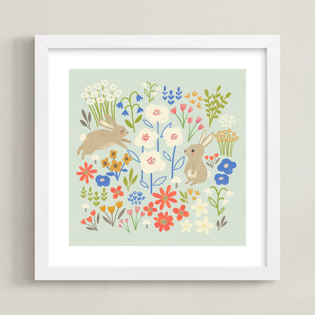 "Bunnies in the Garden" - Art Print in Seafoam Blue by Anne Lehman Stolpe - Framed