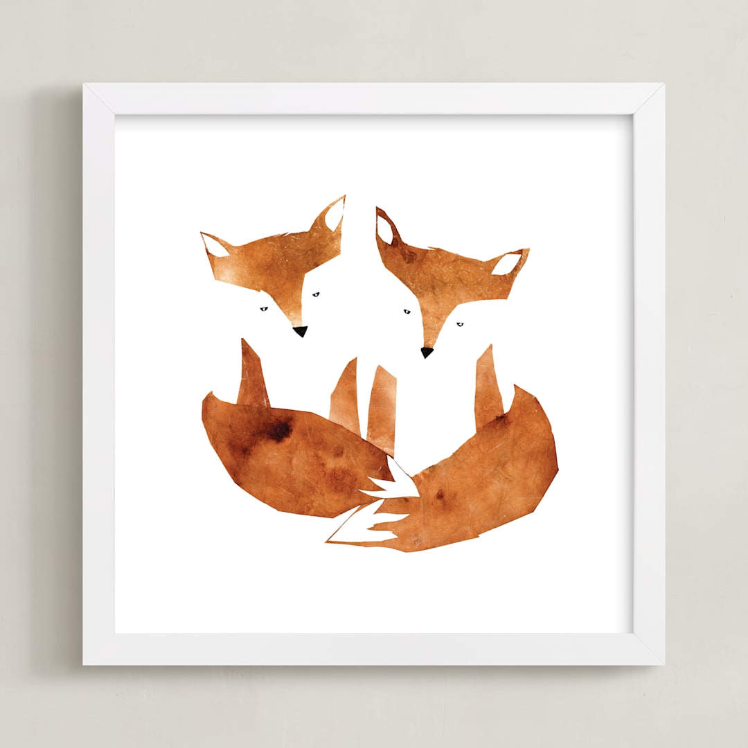 "Twin Foxes" - Art Print in Earthy Red by Mia Posada - Framed