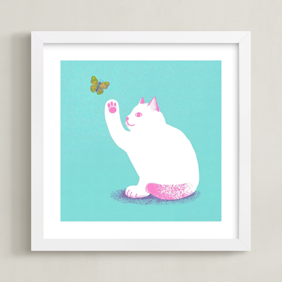 "Kitten and Butterfly" - Art Print in Aqua by Kristiina Almy - Framed