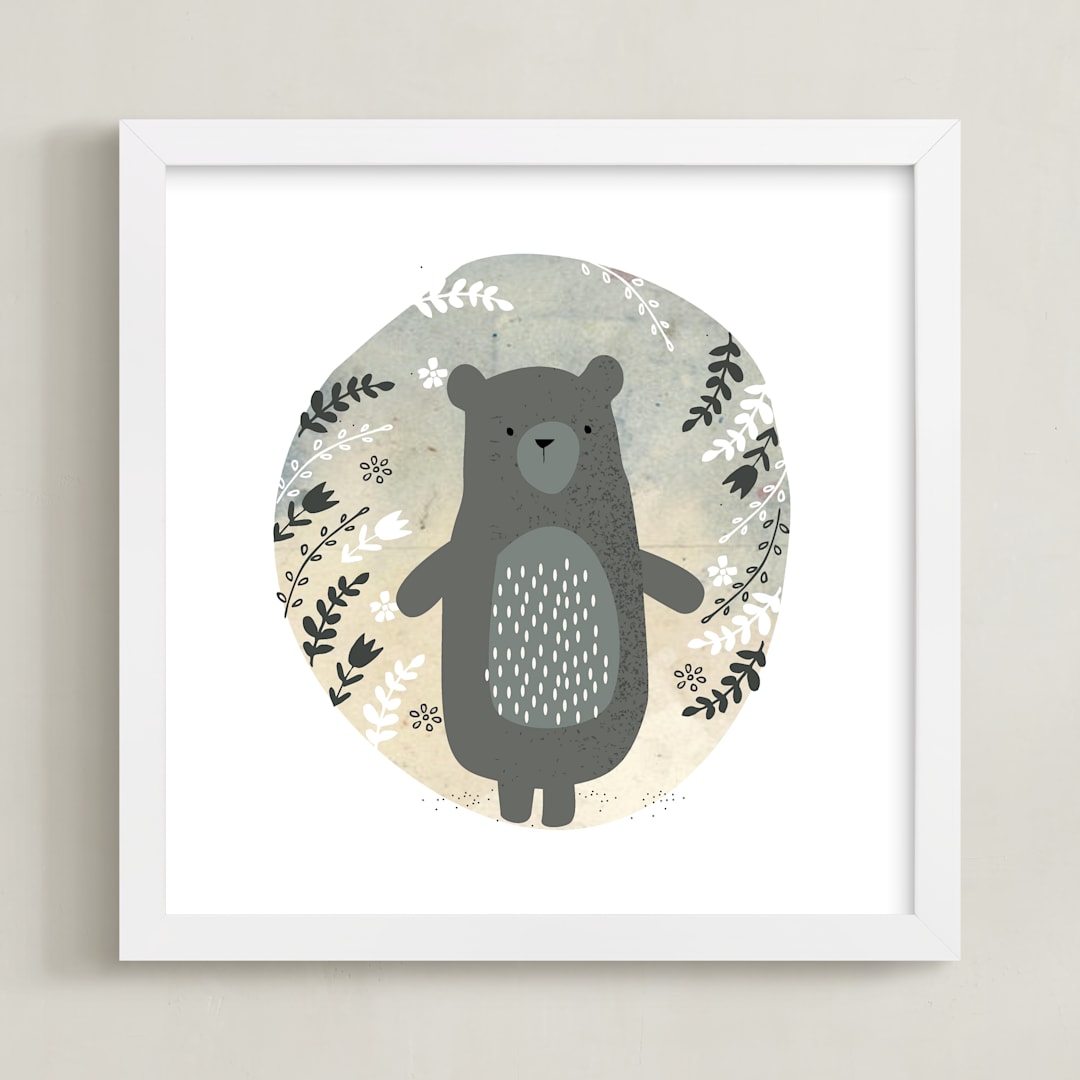 "Woodland - Bear" - Art Print in Blue Grey by Oma N. Ramkhelawan - Framed