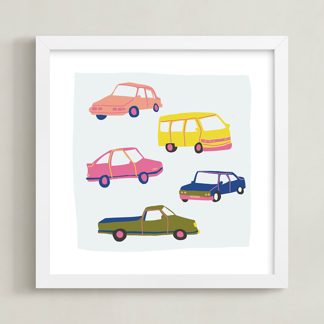 "Vroom Vroom" - Art Print in Bright Yellow by Alicia Schultz - Framed