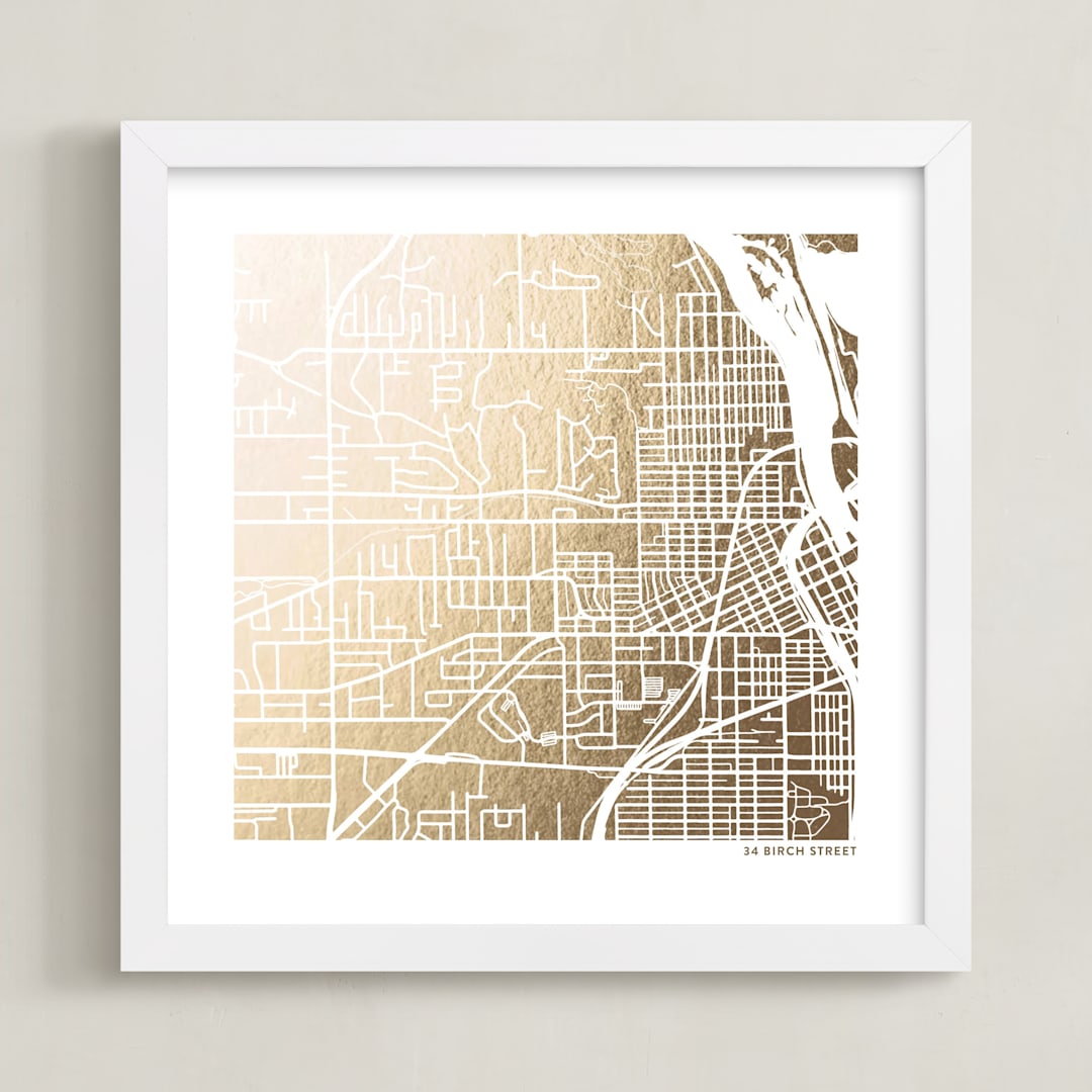 "Custom Map Filled Foil Art" - Custom Foil Print in Gold by Minted - Framed