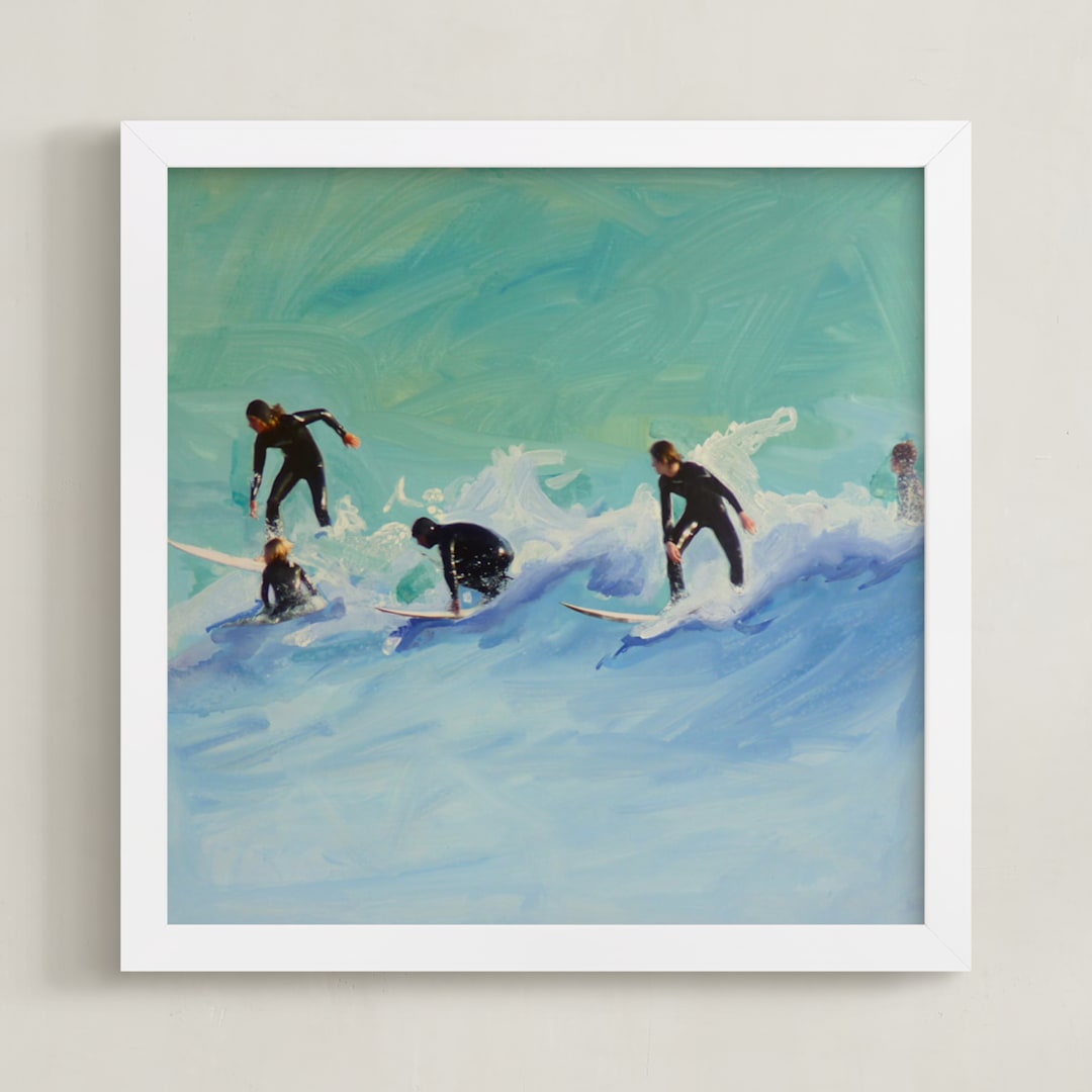 "Surf boys at Sunset" - Art Print in Aqua by Annie Seaton - Framed
