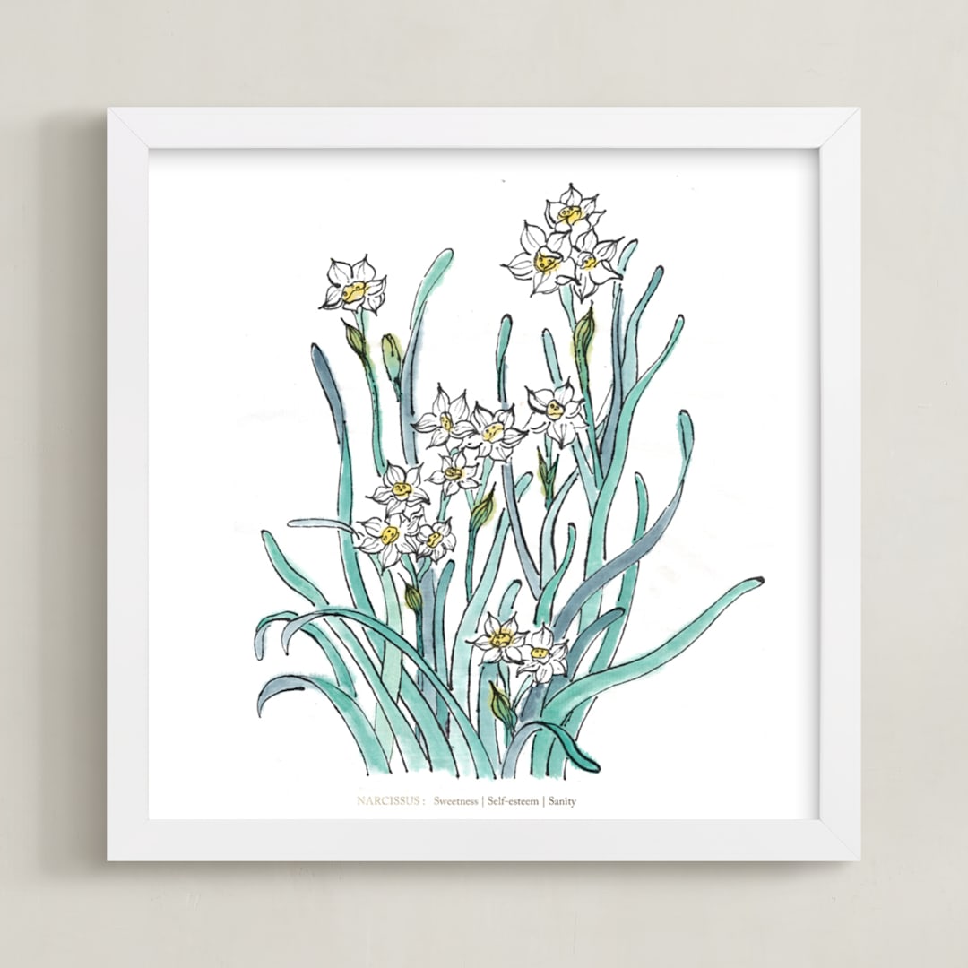 "Birth Flower - December -  Narcissus" - Art Print in with text by Qing Ji - Framed