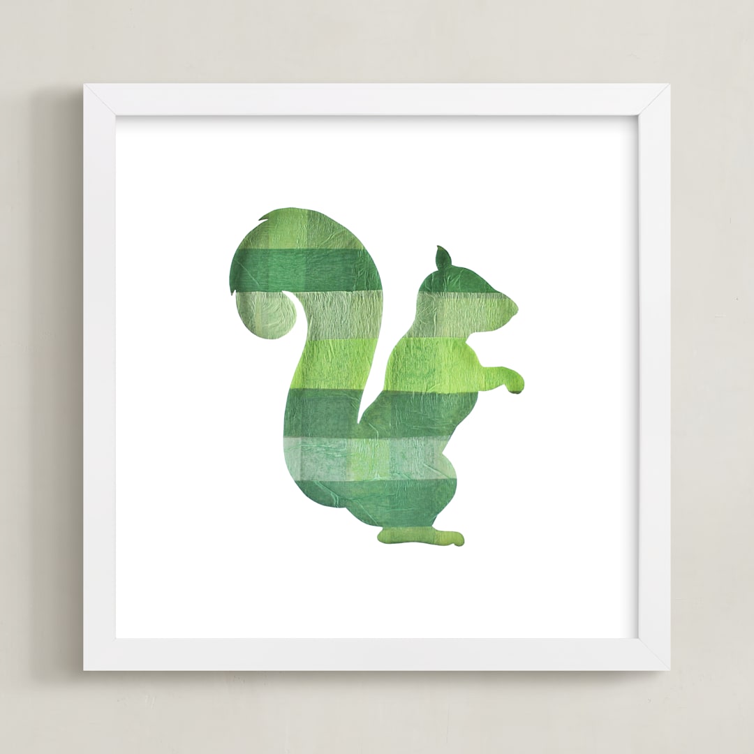 "Green Party Squirrel" - Art Print in Silhouette Green by Jeff Preuss - Framed