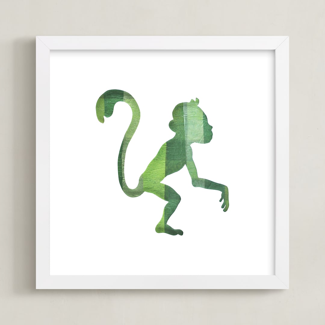 "Green Party Monkey" - Art Print in Silhouette Green by Jeff Preuss - Framed
