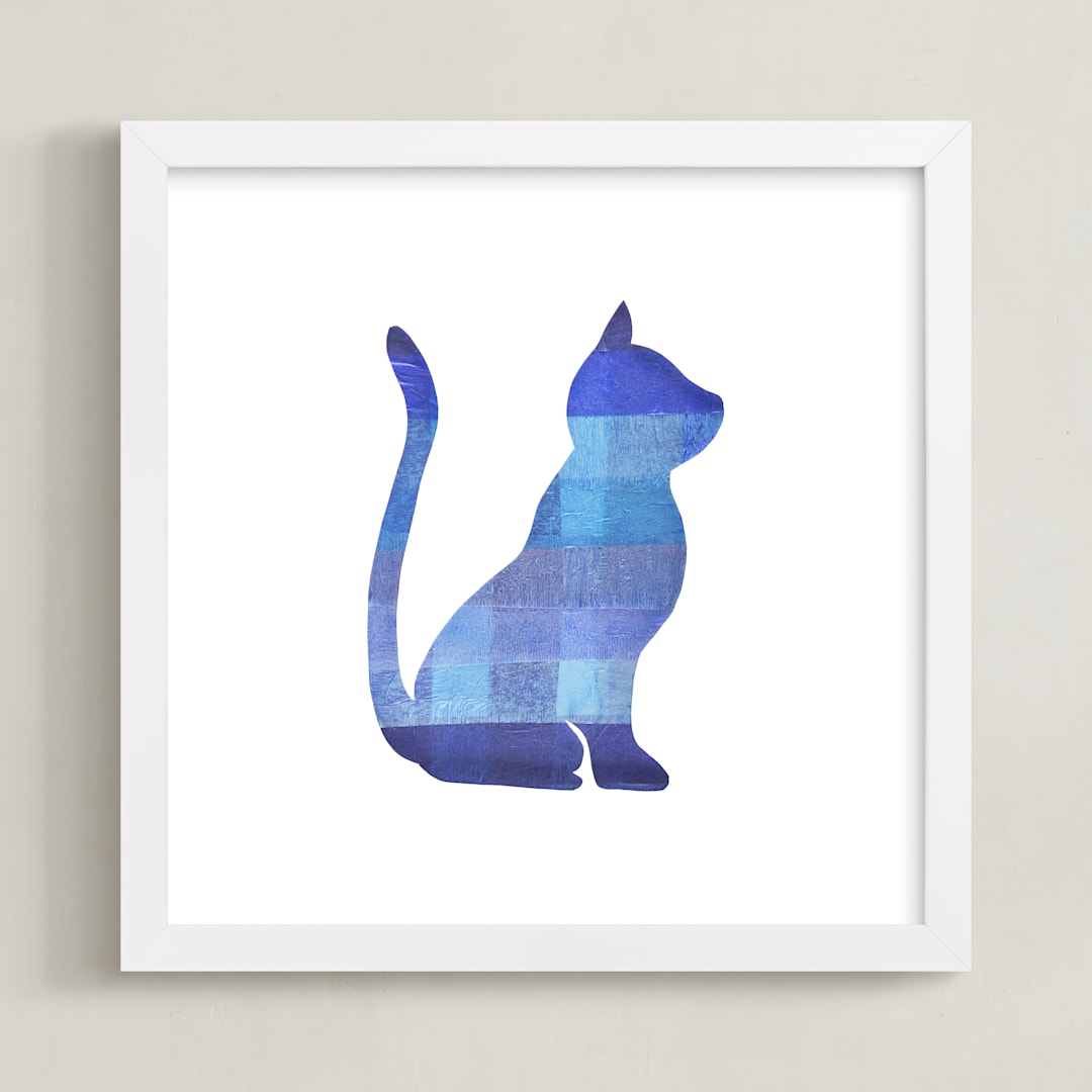 "Blue Party Kitty" - Art Print in Silhouette Blue by Jeff Preuss - Framed