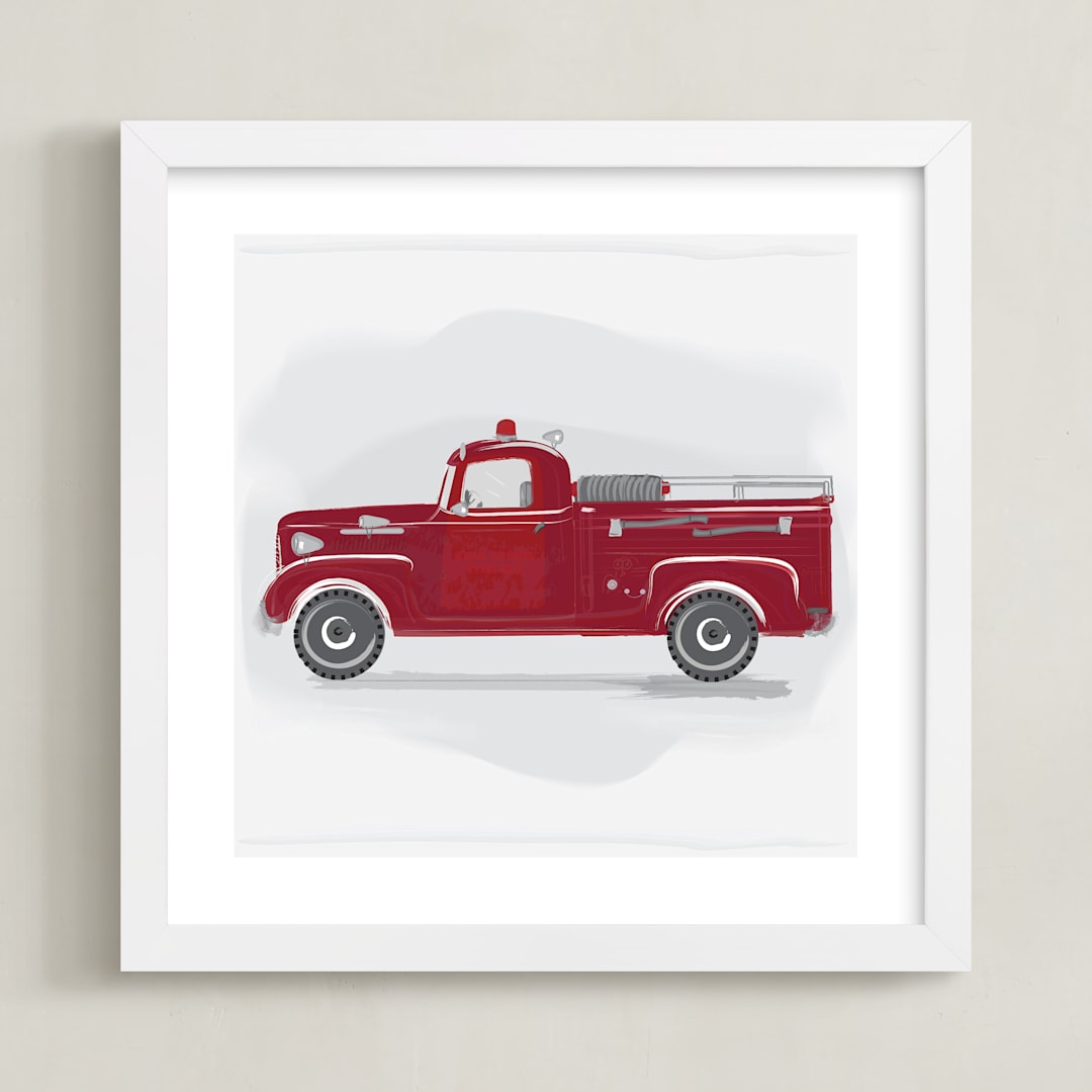 "Fire Truck Grey 2" - Art Print in Burnt Red by Rebecca Marchese - Framed