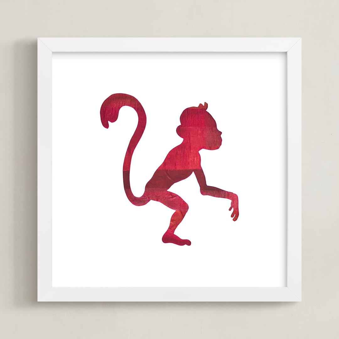 "Red Party Monkey" - Art Print in Silhouette Red by Jeff Preuss - Framed