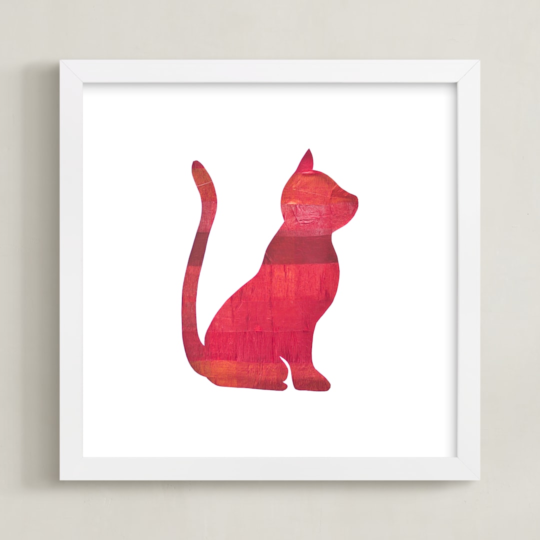 "Red Party Kitty" - Art Print in Silhouette Red by Jeff Preuss - Framed