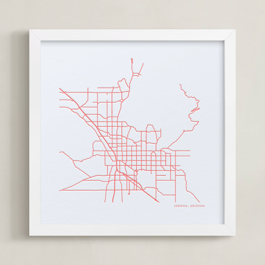 "Custom Map Letterpress Art" - Custom Letterpress Print in Neon Coral by Minted - Framed