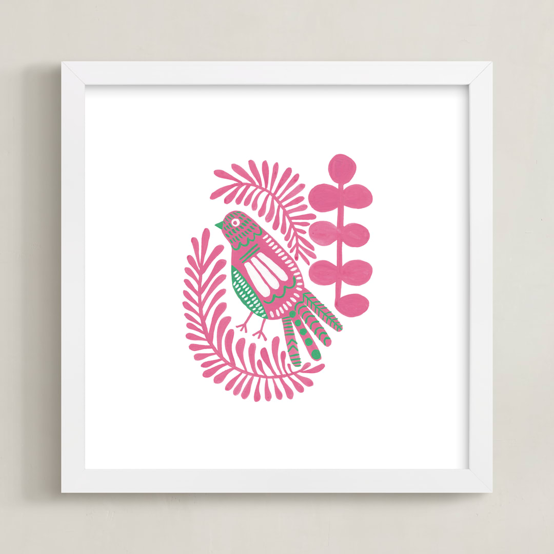 "Folk Bird" - Art Print in pink by Jen Owens - Framed