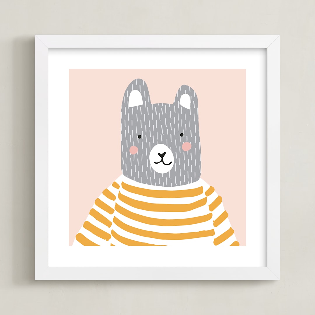 "Stripe Top Bear" - Art Print in Pale pink and Mustard by Megan Monismith - Framed
