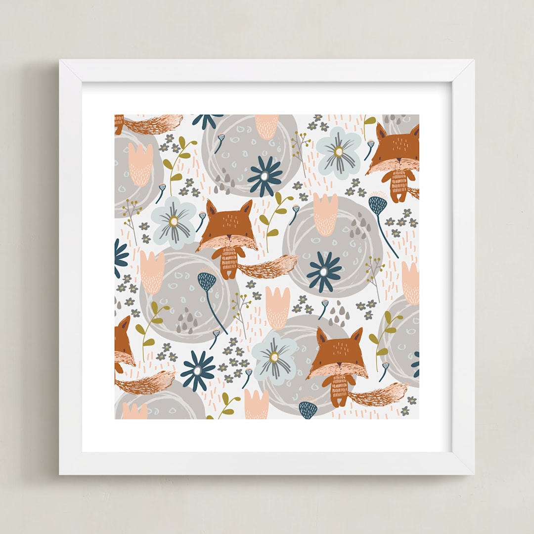 "Fox + Flowers" - Art Print in Chesnut Brown by Coit Creative - Framed