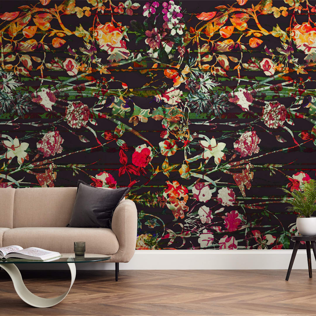 "Painted midnight garden" - Wall Mural in Carbon by Teo - In a Room