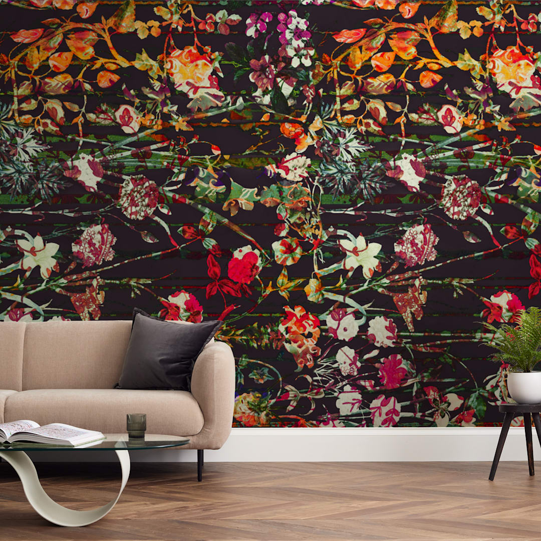 "Painted midnight garden" - Wall Mural in Carbon by Teo - In a Room