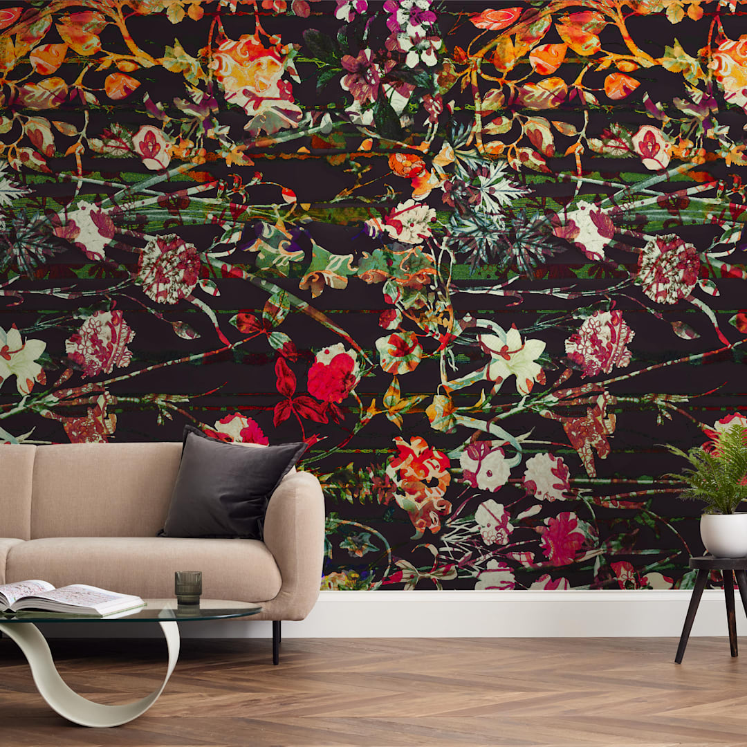 "Painted midnight garden" - Wall Mural in Carbon by Teo - In a Room