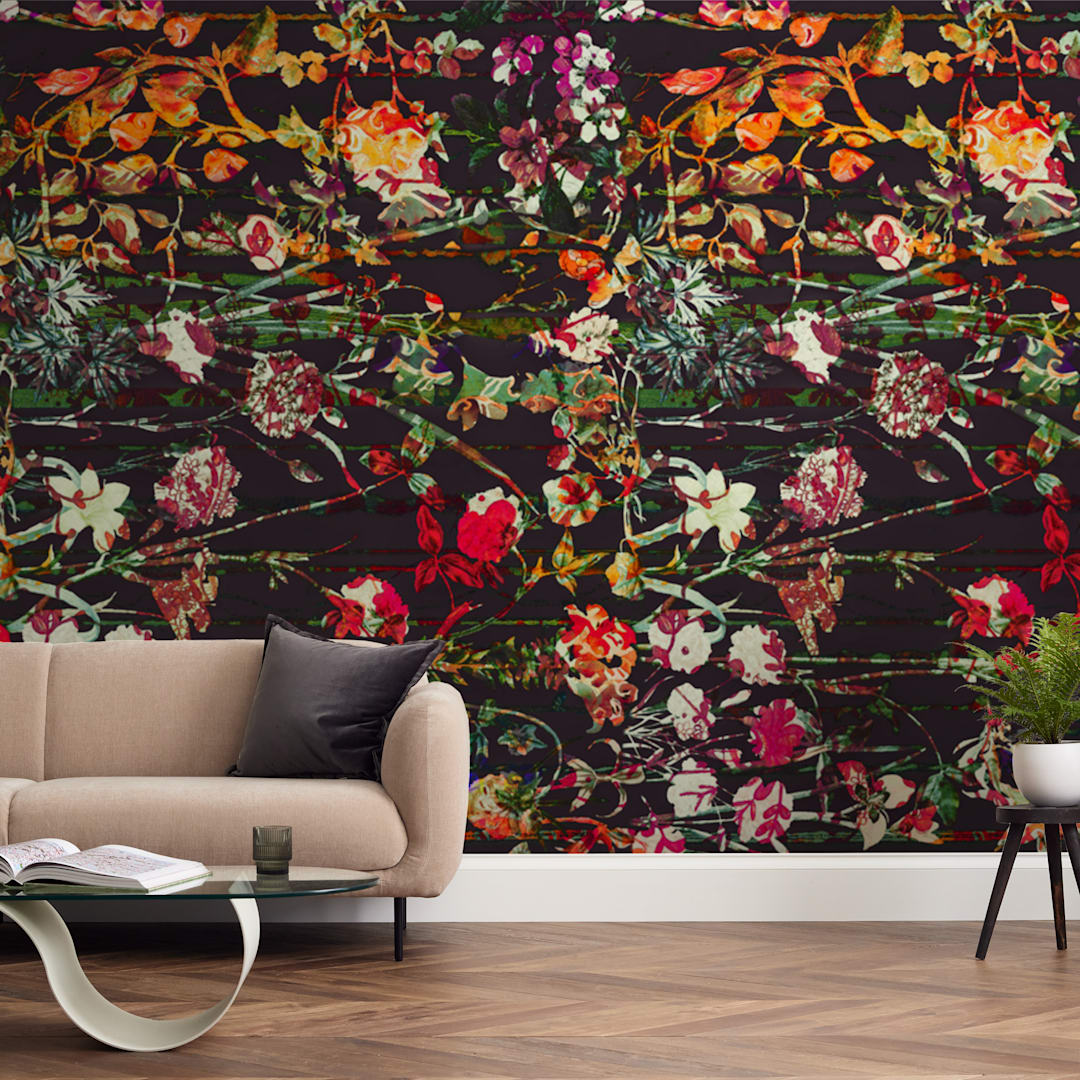 "Painted midnight garden" - Wall Mural in Carbon by Teo - In a Room