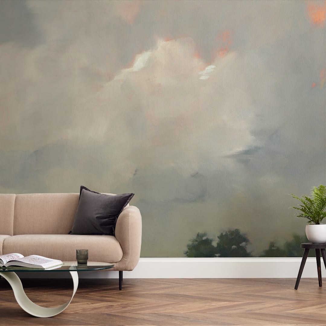 "Rosy Tomorrow" - Wall Mural in Grey Blue by Stephanie Goos Johnson - In a Room