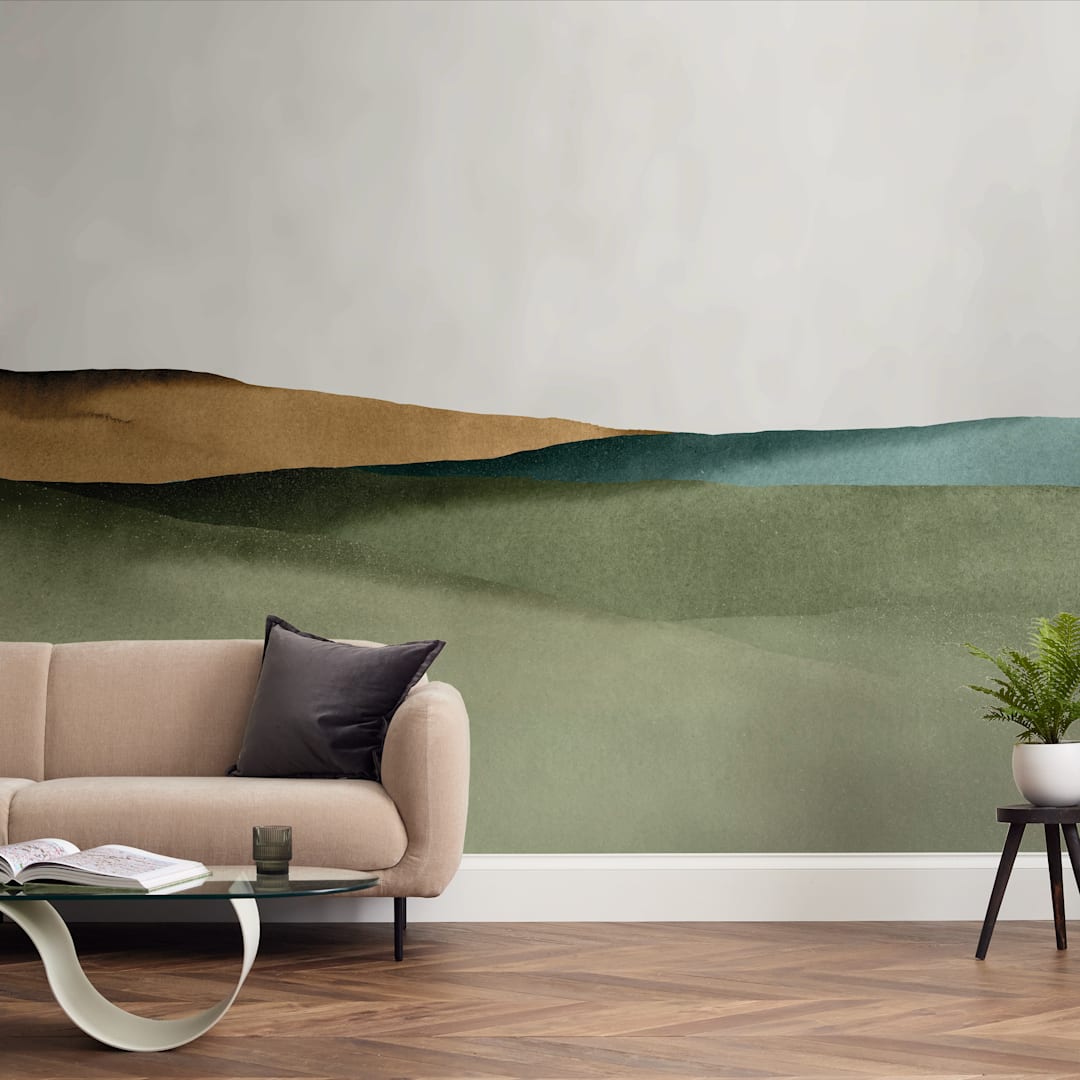 "Rolling Fields" - Wall Mural in Green by Little Valley Studio - In a Room