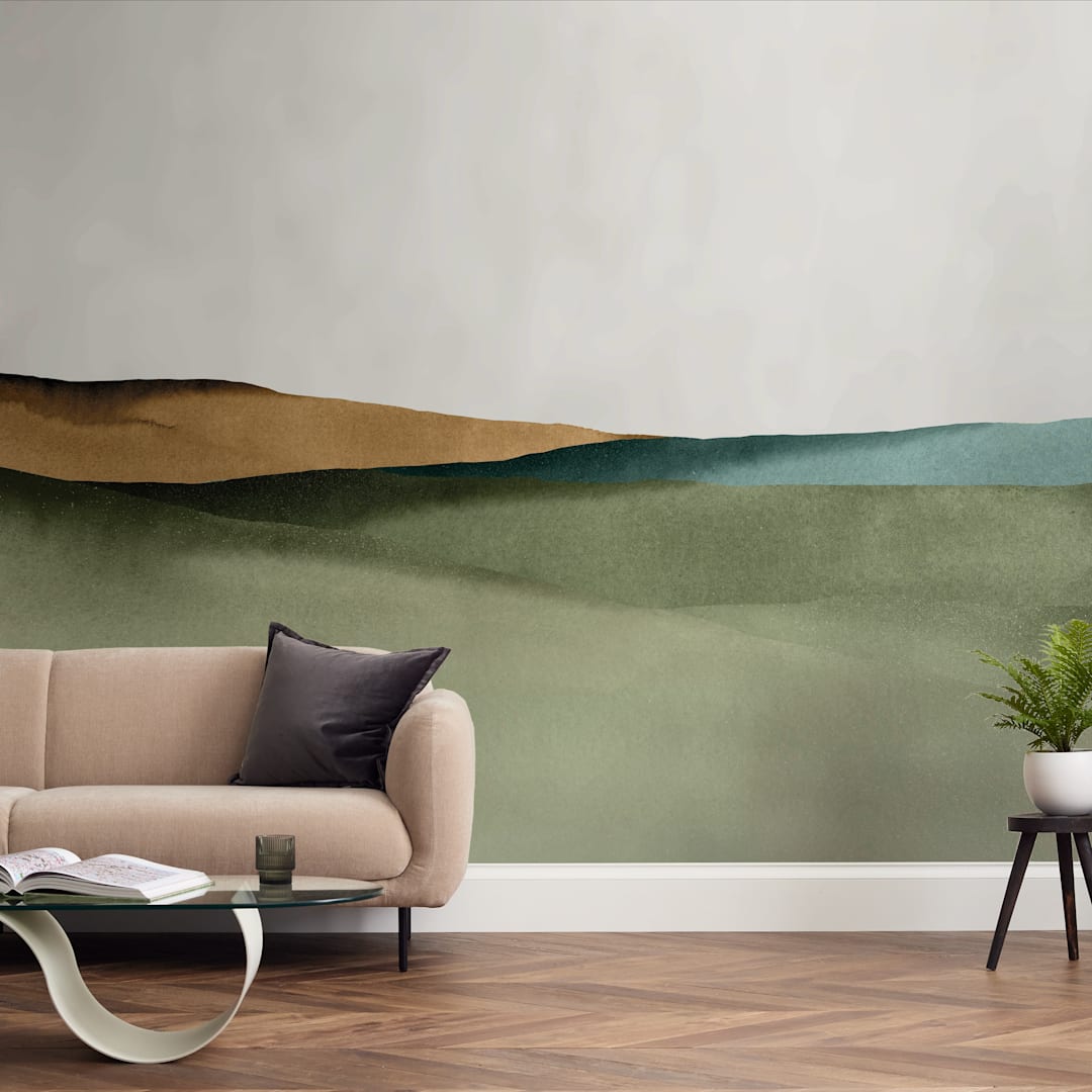 "Rolling Fields" - Wall Mural in Green by Little Valley Studio - In a Room
