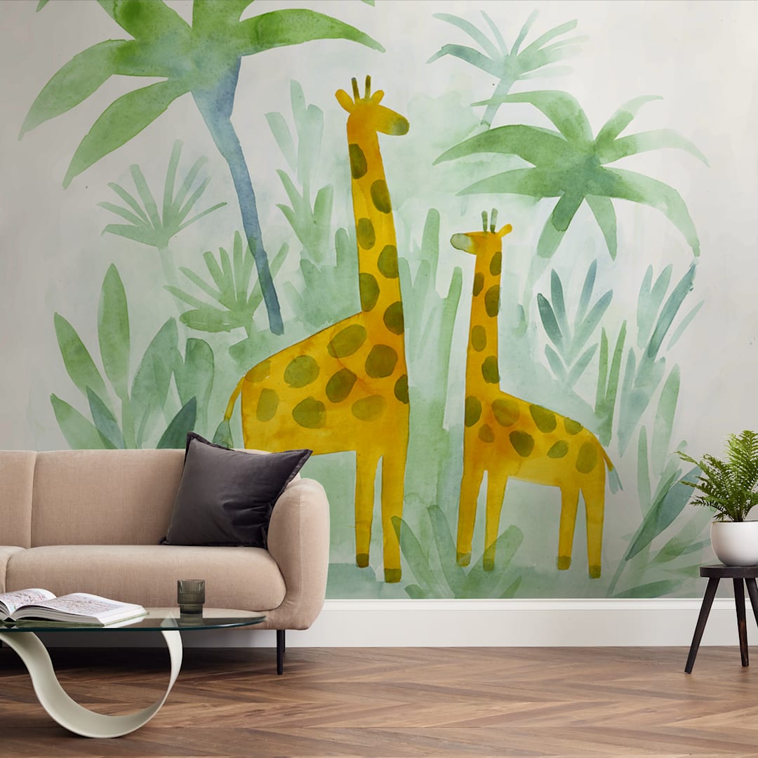 "Giraffes on Holiday" - Wall Mural in Jungle by Rebecca Daublin - In a Room