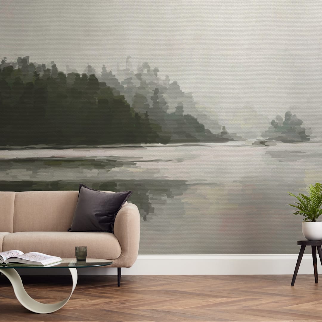 "LakeView II" - Wall Mural in Misty Grey by Amy Hall - In a Room