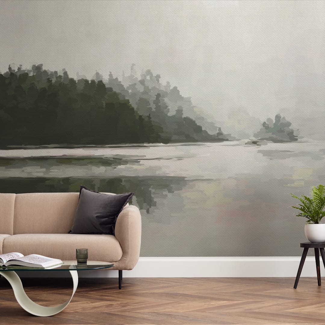 "LakeView II" - Wall Mural in Misty Grey by Amy Hall - In a Room