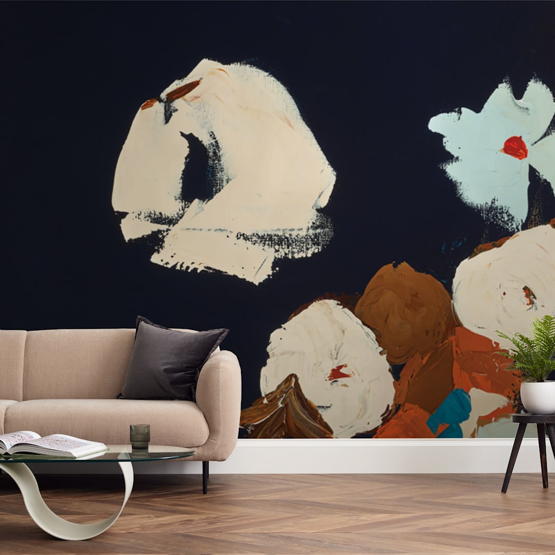 "Abstract Botanical Navy Shadows #2" - Wall Mural in dark navy blue by Caryn Owen - In a Room