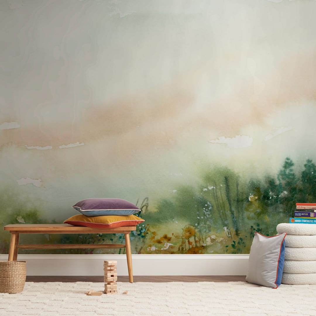 "MeadowLand" - Wall Mural in Olive Green by Lindsay Megahed - In a Room