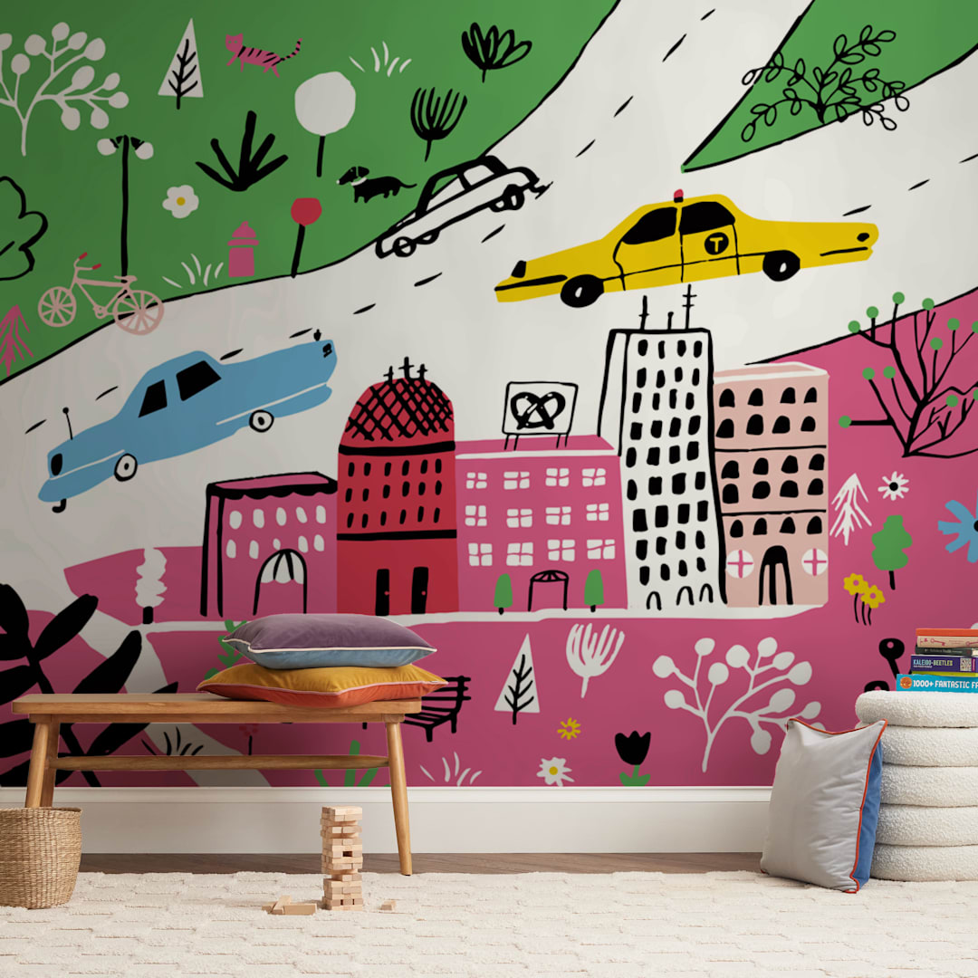 "City State of Mind" - Wall Mural in Pink by Jordan Sondler - In a Room