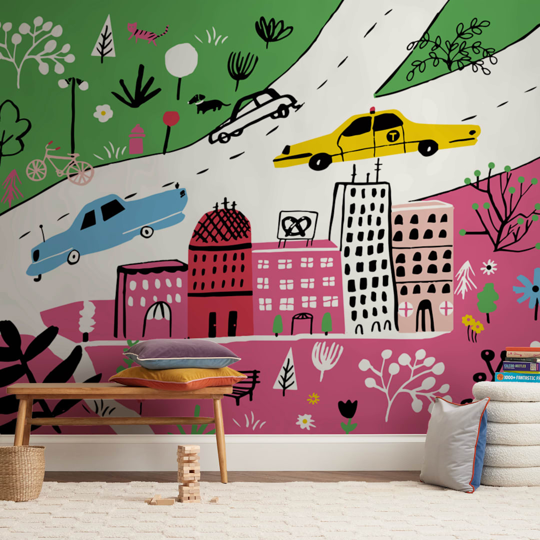 "City State of Mind" - Wall Mural in Pink by Jordan Sondler - In a Room