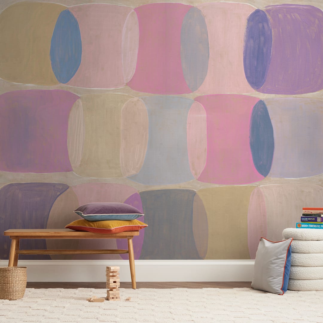 "Painted Geo Overlay" - Wall Mural in Pink by Amy Toneys - In a Room