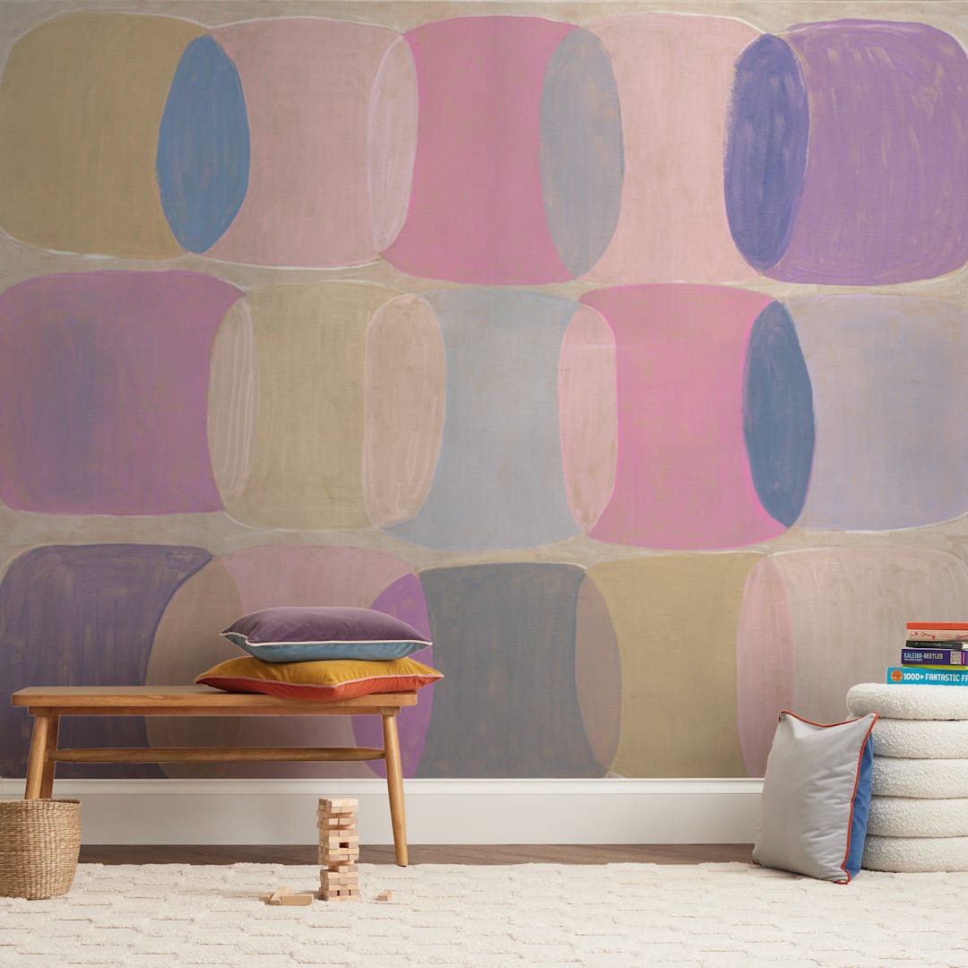 "Painted Geo Overlay" - Wall Mural in Pink by Amy Toneys - In a Room
