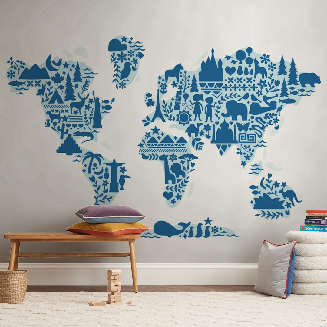 "Little Big World Map" - Wall Mural in Navy by Jessie Steury - In a Room
