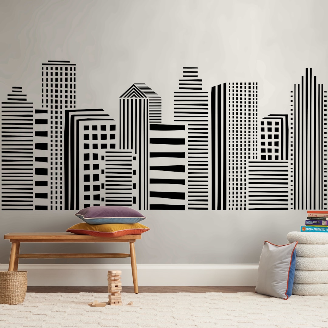 "Linear Cityscape" - Wall Mural in White by Daniela - In a Room