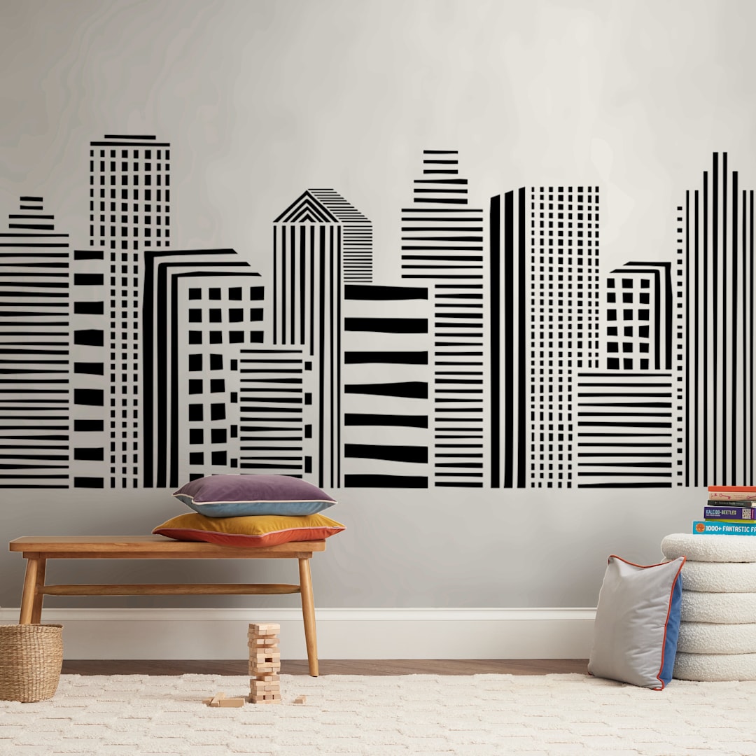 "Linear Cityscape" - Wall Mural in White by Daniela - In a Room