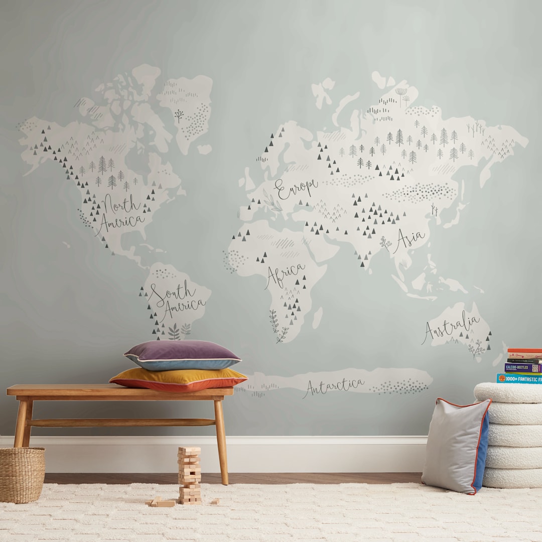 "Beautiful World Map" - Wall Mural in White by Jessie Steury - In a Room