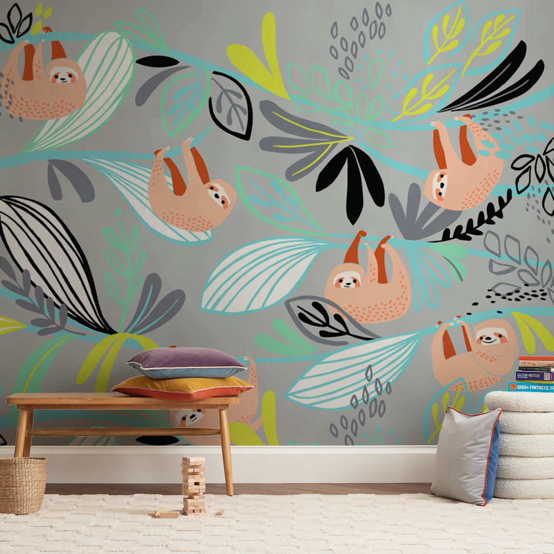 "Rainforest Sloths" - Wall Mural in White by Katy Tanis - In a Room